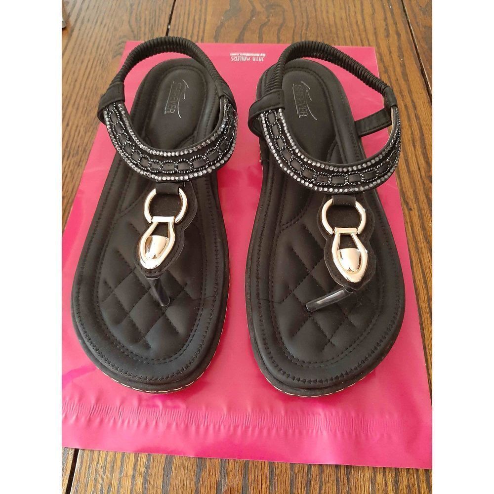 Size 8 Shibever Black Gold Silver Sandals Thong Shoes